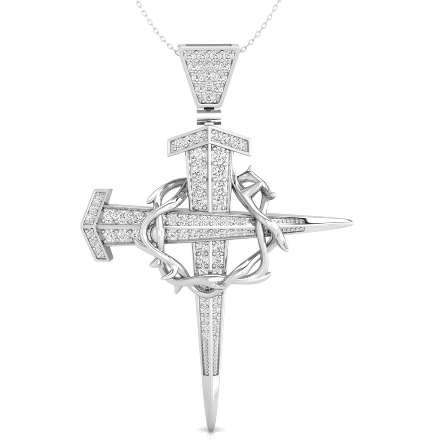 19/20 Ct brilliant round cut natural diamond dagger nail cross crown of thorns necklace